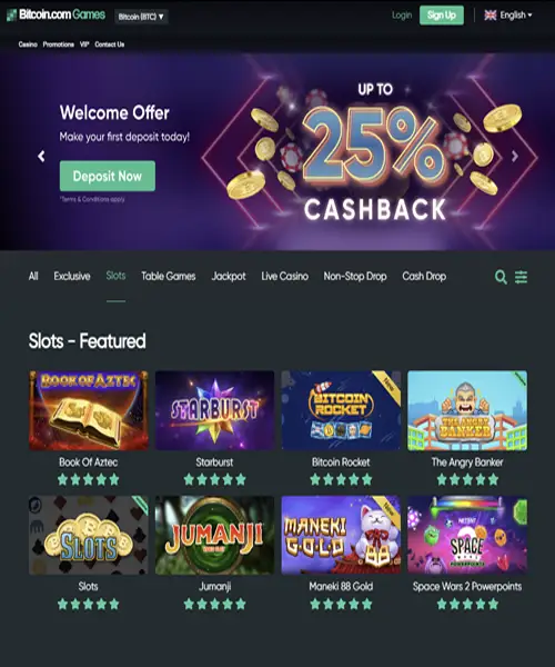 Bitcoin.com Games screenshot casino lobby with slot games, live dealer tables, payment options, and user interface elements