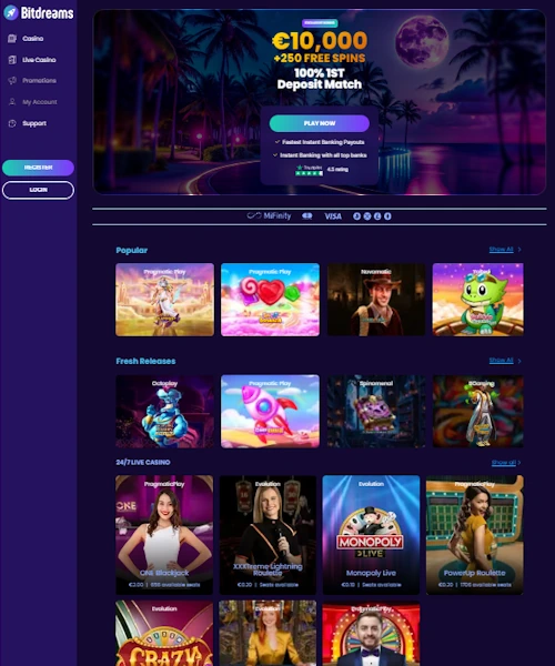 Bitdreams Casino screenshot casino lobby with slot games, live dealer tables, payment options, and user interface elements