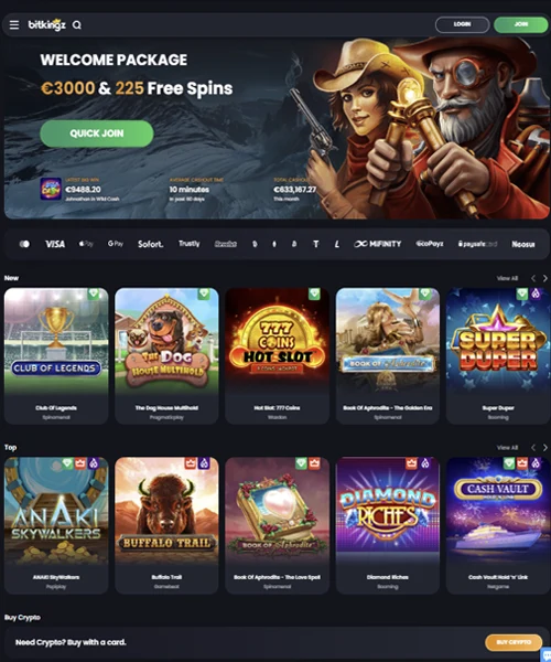 Bitkingz Casino screenshot casino lobby with slot games, live dealer tables, payment options, and user interface elements