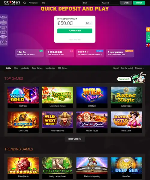 Bitstarz Casino screenshot casino lobby with slot games, live dealer tables, payment options, and user interface elements