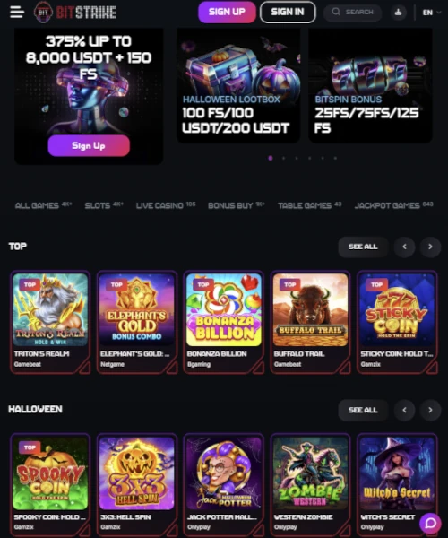 Bitstrike.io screenshot casino lobby with slot games, live dealer tables, payment options, and user interface elements