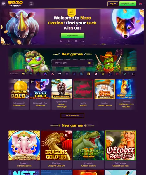 Bizzo Casino screenshot casino lobby with slot games, live dealer tables, payment options, and user interface elements