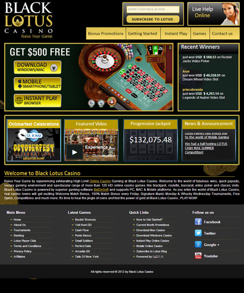 Black Lotus Casino screenshot casino lobby with slot games, live dealer tables, payment options, and user interface elements