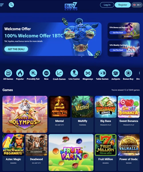 Blizz Casino screenshot casino lobby with slot games, live dealer tables, payment options, and user interface elements