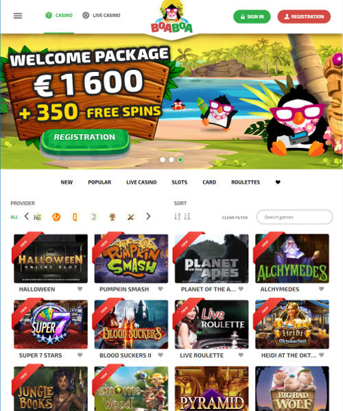 Boa Boa screenshot casino lobby with slot games, live dealer tables, payment options, and user interface elements