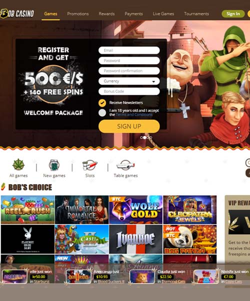 Bob Casino screenshot casino lobby with slot games, live dealer tables, payment options, and user interface elements