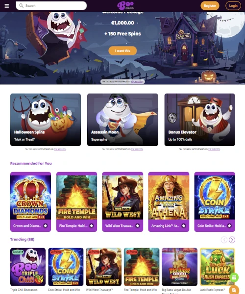 Boo Casino screenshot casino lobby with slot games, live dealer tables, payment options, and user interface elements