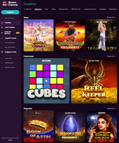 Boom Casino screenshot casino lobby with slot games, live dealer tables, payment options, and user interface elements