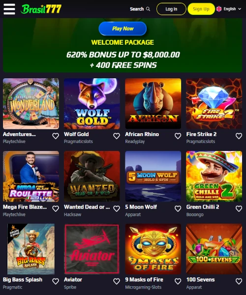 Brasil777 Casino screenshot casino lobby with slot games, live dealer tables, payment options, and user interface elements