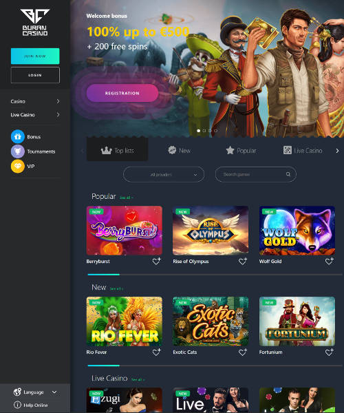 Buran Casino screenshot casino lobby with slot games, live dealer tables, payment options, and user interface elements
