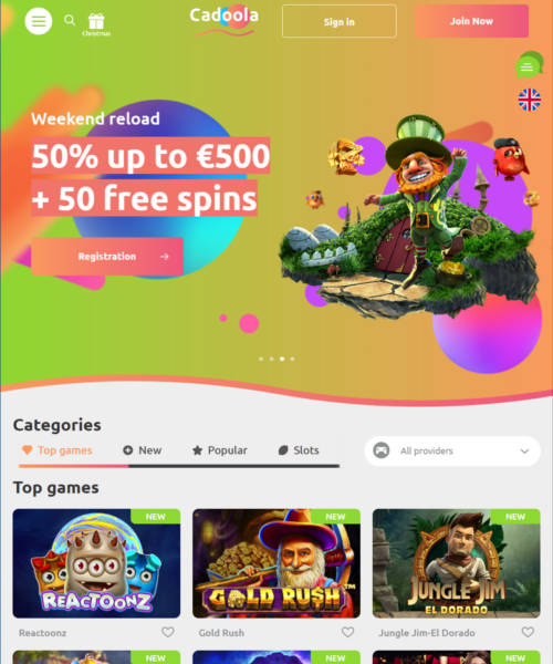 Cadoola screenshot casino lobby with slot games, live dealer tables, payment options, and user interface elements