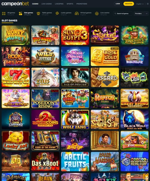 Campeonbet screenshot casino lobby with slot games, live dealer tables, payment options, and user interface elements