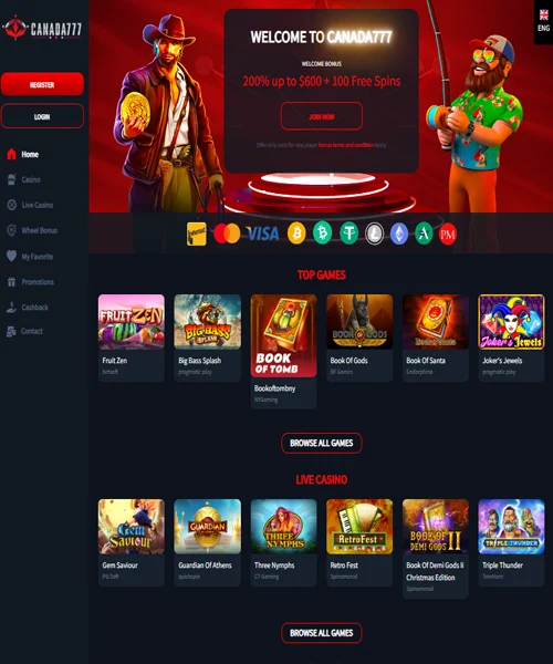 Canada777 Casino screenshot casino lobby with slot games, live dealer tables, payment options, and user interface elements