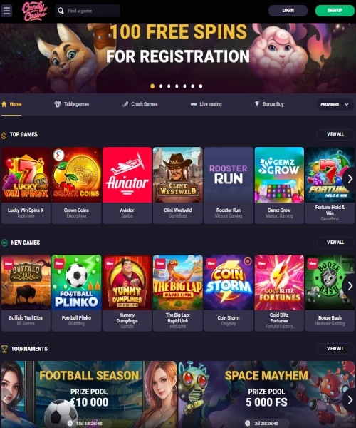 Candy Casino screenshot casino lobby with slot games, live dealer tables, payment options, and user interface elements