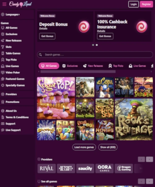 Candyland Casino screenshot casino lobby with slot games, live dealer tables, payment options, and user interface elements