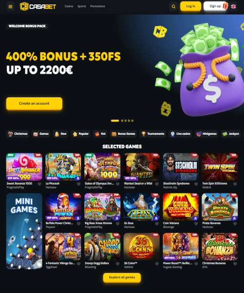 Casabet screenshot casino lobby with slot games, live dealer tables, payment options, and user interface elements