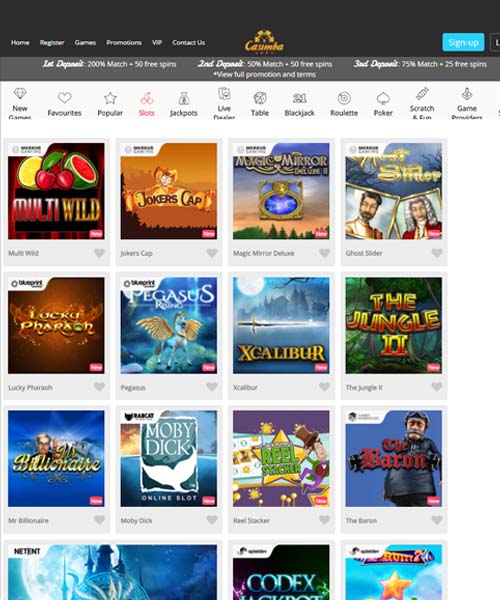 Casimba Casino screenshot casino lobby with slot games, live dealer tables, payment options, and user interface elements
