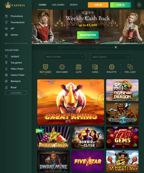 Casinia screenshot casino lobby with slot games, live dealer tables, payment options, and user interface elements