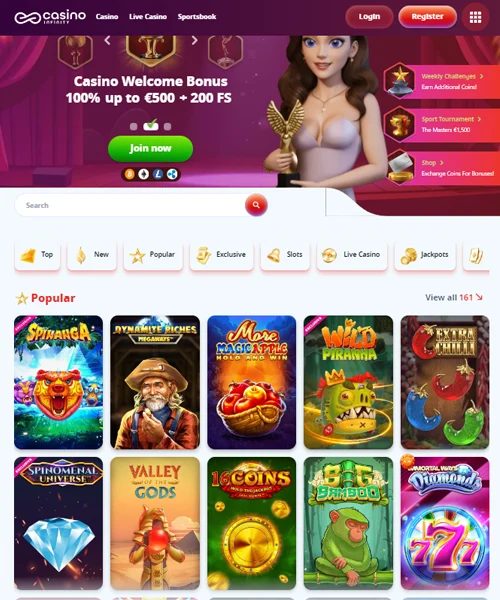 Casino Infinity screenshot casino lobby with slot games, live dealer tables, payment options, and user interface elements
