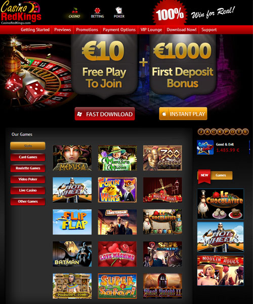 Casino RedKings screenshot casino lobby with slot games, live dealer tables, payment options, and user interface elements