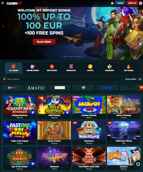 Casino4u screenshot casino lobby with slot games, live dealer tables, payment options, and user interface elements