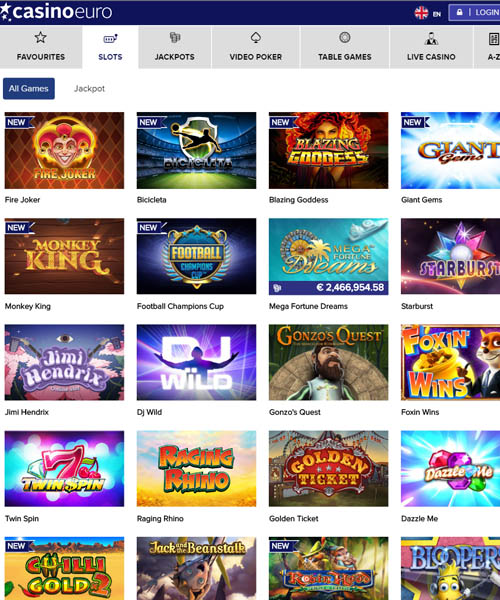 CasinoEuro screenshot casino lobby with slot games, live dealer tables, payment options, and user interface elements