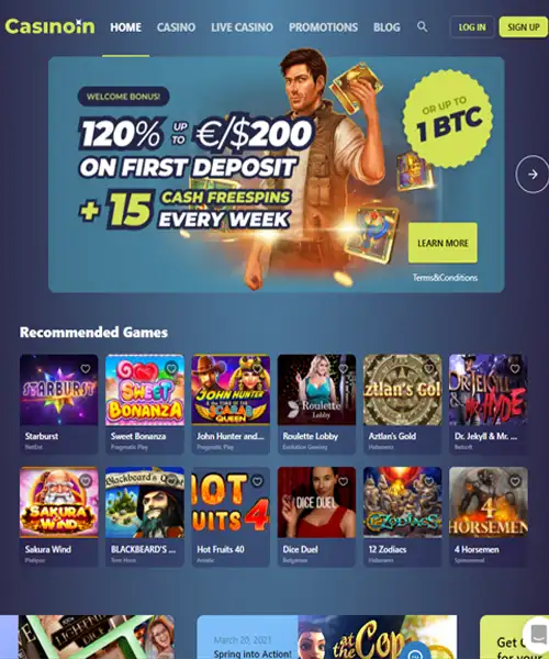 Casinoin screenshot casino lobby with slot games, live dealer tables, payment options, and user interface elements