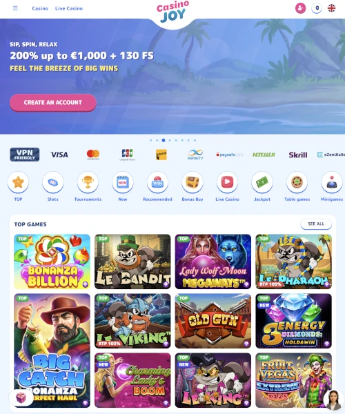 CasinoJoy screenshot casino lobby with slot games, live dealer tables, payment options, and user interface elements