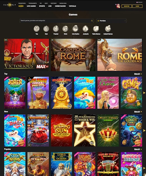Casinoly screenshot casino lobby with slot games, live dealer tables, payment options, and user interface elements