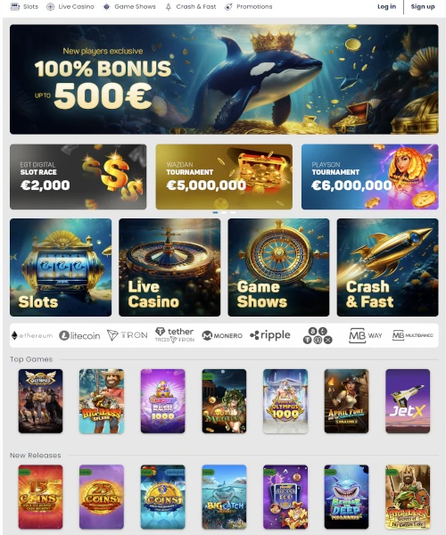 CasinoOrca screenshot casino lobby with slot games, live dealer tables, payment options, and user interface elements