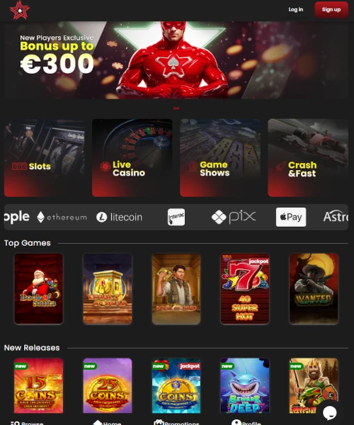 CasinoStars screenshot casino lobby with slot games, live dealer tables, payment options, and user interface elements
