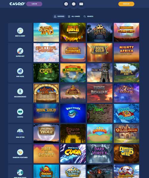 Casoo screenshot casino lobby with slot games, live dealer tables, payment options, and user interface elements