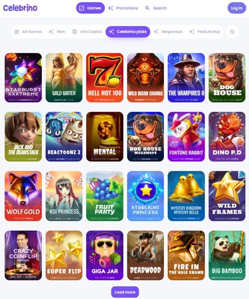 Celebrino Casino screenshot casino lobby with slot games, live dealer tables, payment options, and user interface elements