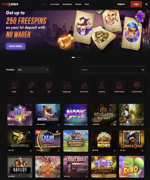 Chipstars screenshot casino lobby with slot games, live dealer tables, payment options, and user interface elements