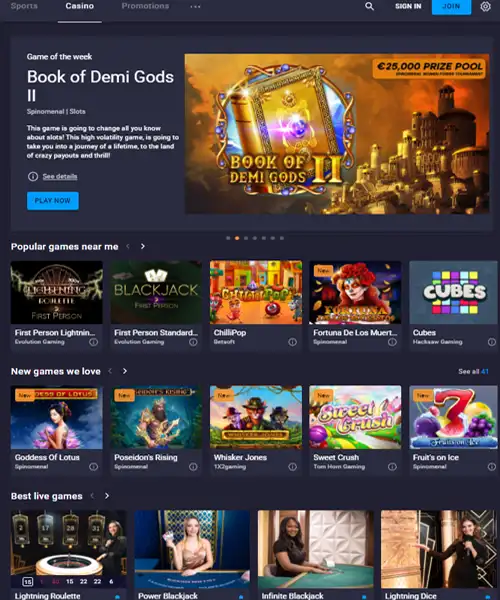 Cloudbet screenshot casino lobby with slot games, live dealer tables, payment options, and user interface elements