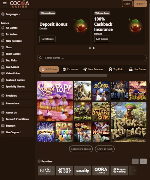 Cocoa Casino screenshot casino lobby with slot games, live dealer tables, payment options, and user interface elements