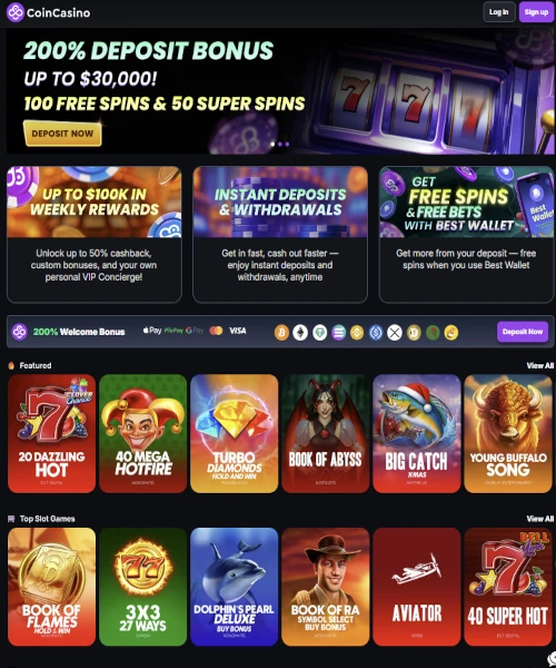 CoinCasino screenshot casino lobby with slot games, live dealer tables, payment options, and user interface elements