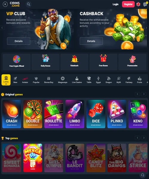 Coins Game Casino screenshot casino lobby with slot games, live dealer tables, payment options, and user interface elements