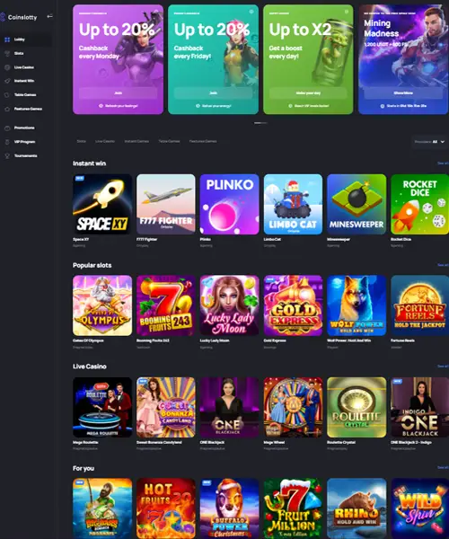 Coinslotty Casino screenshot casino lobby with slot games, live dealer tables, payment options, and user interface elements