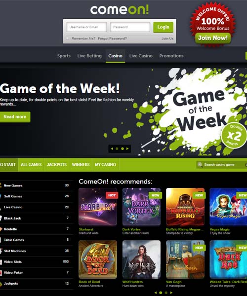 ComeOn Casino screenshot casino lobby with slot games, live dealer tables, payment options, and user interface elements