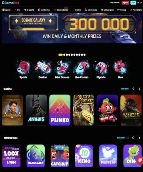 Cosmobet screenshot casino lobby with slot games, live dealer tables, payment options, and user interface elements