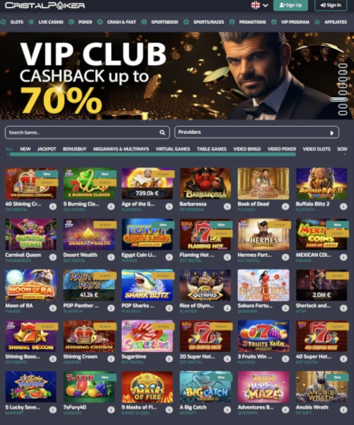 Cristalpoker Casino screenshot casino lobby with slot games, live dealer tables, payment options, and user interface elements