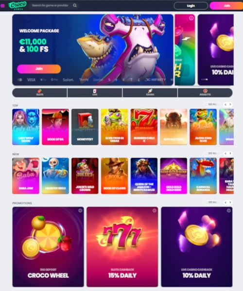 CrocoSlots Casino screenshot casino lobby with slot games, live dealer tables, payment options, and user interface elements