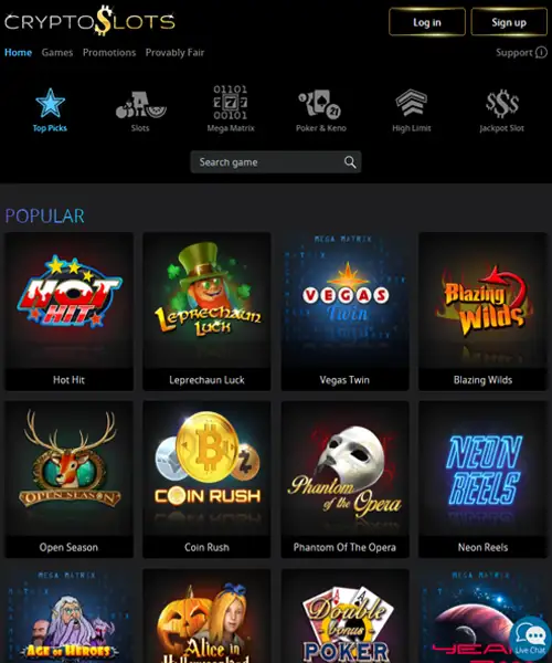 Crypto Slots screenshot casino lobby with slot games, live dealer tables, payment options, and user interface elements