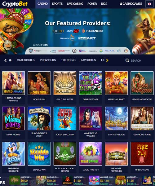 CryptoBet screenshot casino lobby with slot games, live dealer tables, payment options, and user interface elements