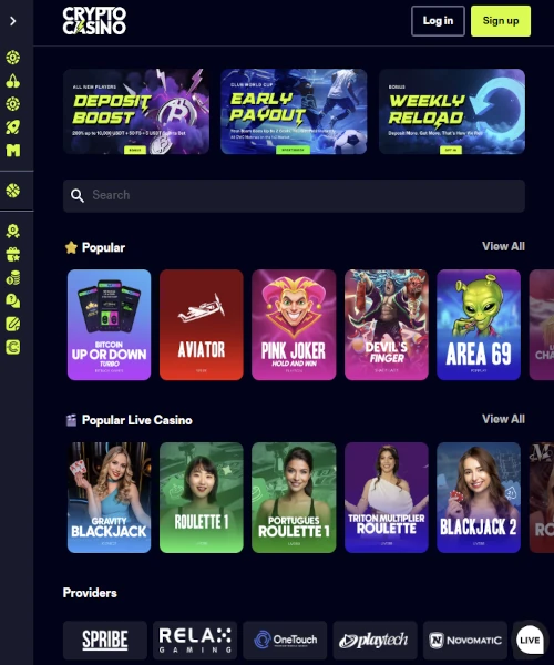 CryptoCasino.com screenshot casino lobby with slot games, live dealer tables, payment options, and user interface elements