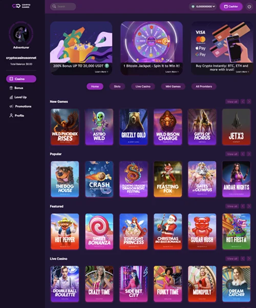 CryptoGames.io Casino screenshot casino lobby with slot games, live dealer tables, payment options, and user interface elements