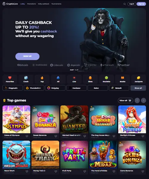 CryptoLeo Casino screenshot casino lobby with slot games, live dealer tables, payment options, and user interface elements
