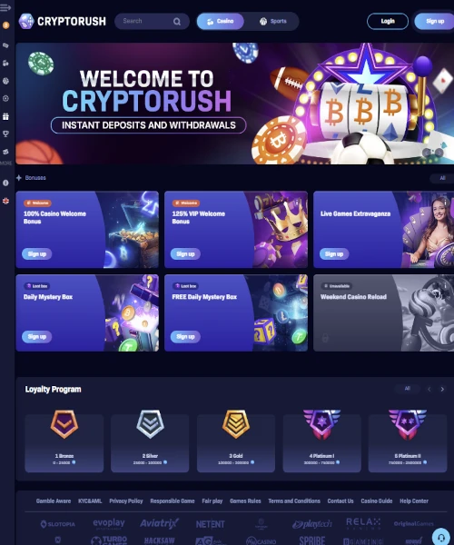 Cryptorush Casino screenshot casino lobby with slot games, live dealer tables, payment options, and user interface elements