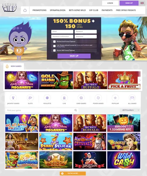 CryptoWild Casino screenshot casino lobby with slot games, live dealer tables, payment options, and user interface elements